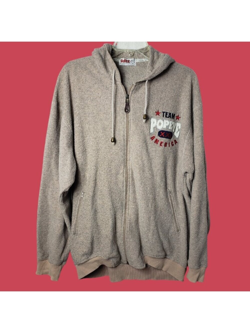 Popeye Vtg Team Porto American Hoodie Full Zip Beige/Red Size 5 - Picture 2 of 9